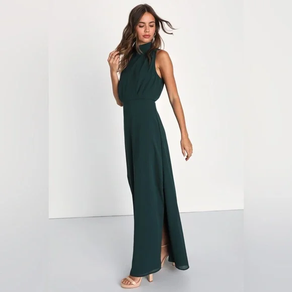 Lulus Classic Elegance Emerald Chiffon Sleeveless Mock Neck
Maxi Dress - Picture 3 of 5